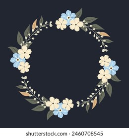 Decorative frame with forget-me-nots. Floral wreath, an elegant decoration for greeting cards to be used for Mother's Day, weddings, anniversaries or other celebrations.