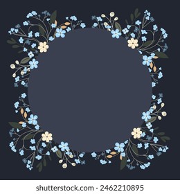 Decorative frame with forget-me-nots. Floral wreath, an elegant decoration for greeting cards to be used for Mother's Day, weddings, anniversaries or other celebrations.