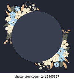 Decorative frame with forget-me-nots. Floral wreath, an elegant decoration for greeting cards to be used for Mother's Day, weddings, anniversaries or other celebrations.