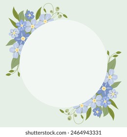 Decorative frame with forget-me-nots. Floral wreath, an elegant decoration for greeting cards to be used for Mother's Day, weddings, anniversaries or other celebrations.