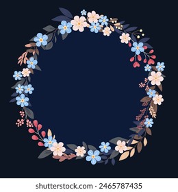 Decorative frame with forget-me-nots. Floral wreath, botanical background for greeting cards to use for Mother's Day, wedding, anniversaries, wedding invitations.