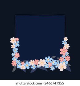 Decorative frame with forget-me-nots. Floral wreath, botanical background for greeting cards to use for Mother's Day, wedding, anniversaries, wedding invitations.