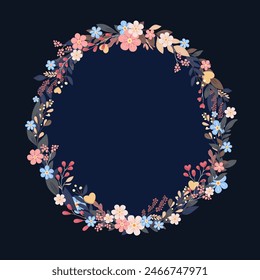 Decorative frame with forget-me-nots. Floral wreath, botanical background for greeting cards to use for Mother's Day, wedding, anniversaries, wedding invitations.