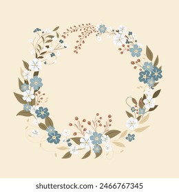 Decorative frame with forget-me-nots. Floral wreath, an elegant decoration for greeting cards to be used for Mother's Day, weddings, anniversaries or other celebrations.