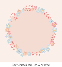 Decorative frame with forget-me-nots. Floral wreath, botanical background for greeting cards to use for Mother's Day, anniversaries, wedding invitations.