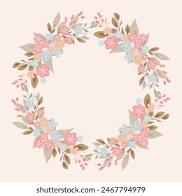 Decorative frame with forget-me-nots. Floral wreath, botanical background for greeting cards to use for Mother's Day, anniversaries, wedding invitations.