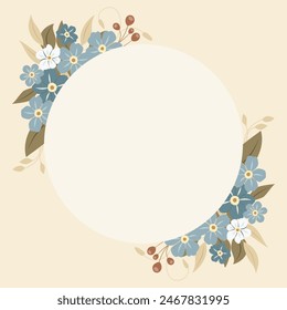 Decorative frame with forget-me-nots. Floral wreath, an elegant decoration for greeting cards to be used for Mother's Day, weddings, anniversaries or other celebrations.