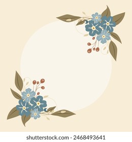 Decorative frame with forget-me-nots. Floral wreath, an elegant decoration for greeting cards to be used for Mother's Day, weddings, anniversaries or other celebrations.