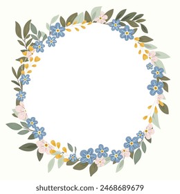 Decorative frame with forget-me-nots. Floral wreath, botanical background for greeting cards to use for Mother's Day, anniversaries, wedding invitations.