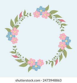 Decorative frame with forget-me-nots. Floral wreath, an elegant decoration for greeting cards to be used for Mother's Day, weddings, anniversaries or other celebrations.
