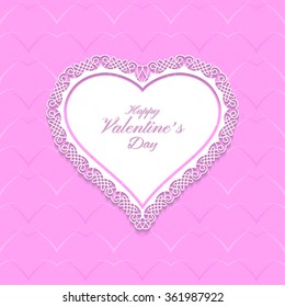 Decorative frame in the form of heart on pink background with hearts. Stylish invitation card. Elegant greeting card. Happy Valentine's Day.