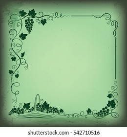 Decorative frame formed by bunch of grapes, leaves, vignettes and basket with grapes. Grunge background.