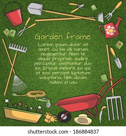 Decorative frame of garden accessories instruments and tools on green background vector illustration