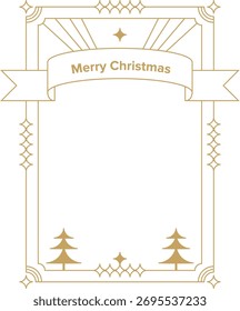 A decorative frame with geometric patterns and a 'Merry Christmas' banner. The border includes stylized trees and stars in an elegant layout. Cartoon vector illustration.