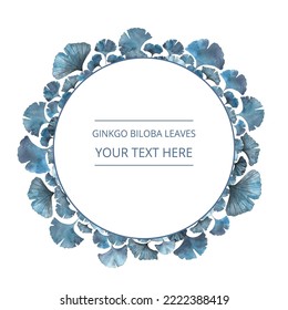 Decorative frame of ginkgo biloba leaves, watercolor, isolated on white. Sketchy wreath herbal garland with blue color. Hand drawn vector watercolor style, nature art.