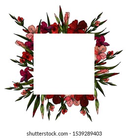 Decorative frame of gladiolus . Delicate greeting card, invitation for wedding and birthday. Place for your text. Copy space.