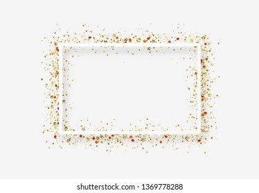 Decorative frame with glitter tinsel of confetti. Glow border of gold stars and dots points. Vector illustration