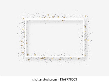 Decorative frame with glitter tinsel of confetti. Glow border of gold stars and dots points