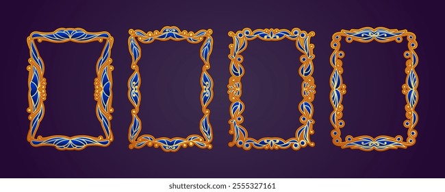 Decorative frame with golden pattern, inlaid with stained glass. Vintage frame template a4 format. Divider, heraldry, curl and vignette, royal luxury, photo frame. Isolated antique vector set.