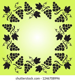 Decorative frame with grapevine, grapes and leaves. Black silhouette on light green background. Vector illustration