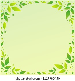 Decorative frame of green leaves and dots on light green background in form of circle for decoration, text, inscription, illustration, photo, book sheet, notebook, album, wedding invitation
