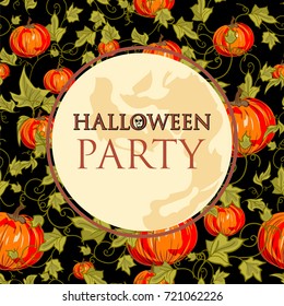 Decorative Frame for Halloween Party with pumpkin. Black background with full moon.