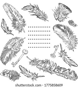 Decorative frame of hand drawn soaring feathers and keys with a space for text. Invitation, postcard, coloring page.