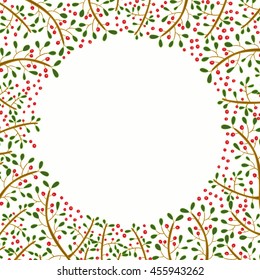 Decorative frame of hand-drawn branch with berries and leaves.