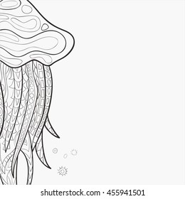 Decorative frame with hand-drawn ornamental jellyfish. Style zentangl. Vector graphics.