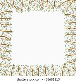 Decorative frame of hand-drawn and painted branches with berries. Vector graphics.