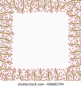 Decorative frame of hand-drawn and painted branches with berries. Vector graphics.