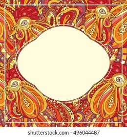 Decorative frame of hand-drawn and painted roosters. Greeting Christmas card. The symbol of New Year 2017.