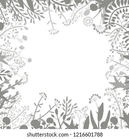 Decorative frame of hand-drawn and painted twigs with leaves, berries and flowers. Vector graphics. 