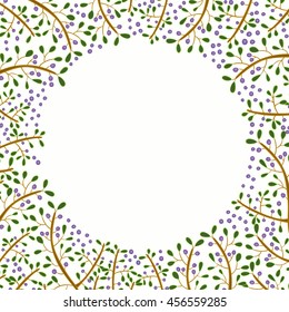 Decorative frame of hand-drawn and painted twigs with leaves and berries .
Vector graphics.
