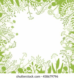 Decorative frame of hand-drawn and painted twigs with leaves, berries and flowers.
Vector graphics.