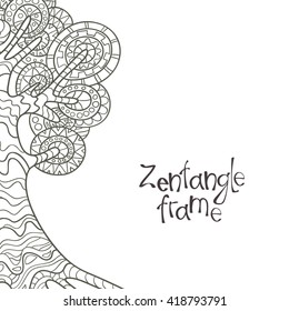 Decorative frame with hand-drawn style tree zentangl. Vector graphics. Monochrome range.