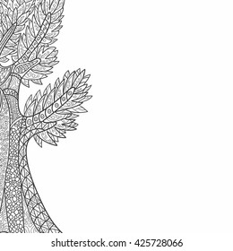 Decorative frame with hand-drawn style tree zentangl. Vector graphics. 
Monochrome range.