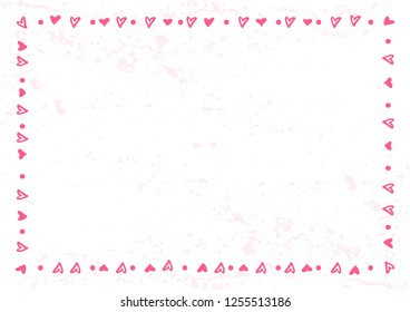 Decorative frame of hearts and dots in pink on white textured background for decoration, oster, anner,postcard, greeting card,gift tag,text, lettering,advertising,valentines day,valentine, invitation