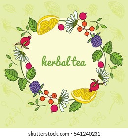 Decorative frame with  herbal tea, design elements. Hand-drawn vector illustration. Background for greeting cards, scrapbooking, print, gift wrap.