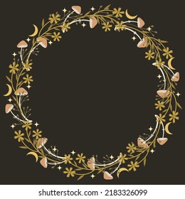 Decorative frame with herbs, flowers, mushrooms, and moon on a dark background. Unique design for cards, invitations, prints. Cartoon vector illustration.