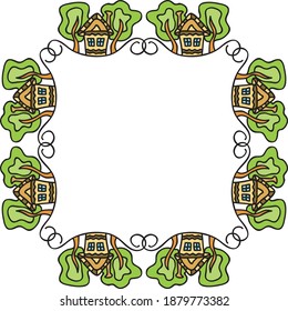Decorative frame of houses and trees. Vector illustration