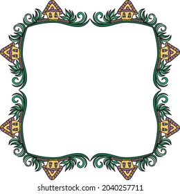 Decorative frame of houses and trees. Vector illustration