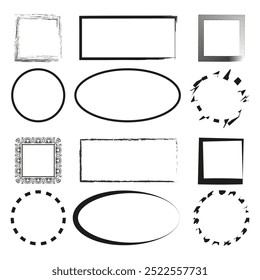 Decorative frame icons. Abstract border symbols. Oval, circle, square shapes. Vector geometric outlines.