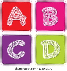 Decorative frame,  icons, buttons with lace letters a, b, c, d. Red, pink, purple, green background. White lacy frame. Vector format.