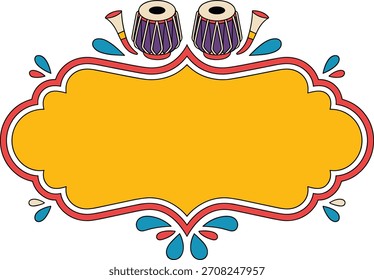 Dekorativer Rahmen mit indischen Tabla-Trommeln und farbenfrohen abstrakten Formen Musikinstrument.