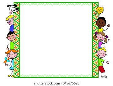 Decorative frame with kids, a doggy and a funny cat for diplomas, A4 page format, vector illustration. CMYK color mode.
