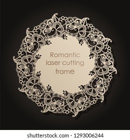 Decorative frame for laser cutting. Elegant element for design in oriental style, place for text. Flower gold edging. Lace illustration for invitations and greeting cards. Vector.