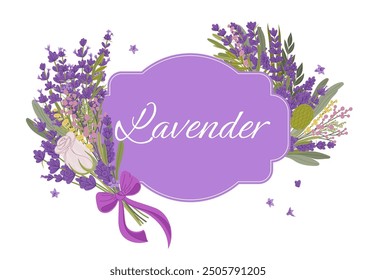 Decorative frame with lavender flowers. Isolated vector elegant border or label with wildflower bouquets and lavender floral arrangement. Purple serene and calming decor for invitation, greeting card