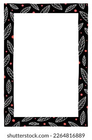 Marco decorativo con hojas y patrones de puntos rojos. Marco en formato A4. Perfecto como fotograma, para la reserva de recortes, postales, carteles, tarjetas de invitación.