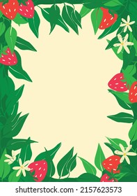 Decorative frame of leaves and strawberries with white flowers. Abstract invitation card on foliage background. Artistic natural banner design. Abstract art botanical vector background.